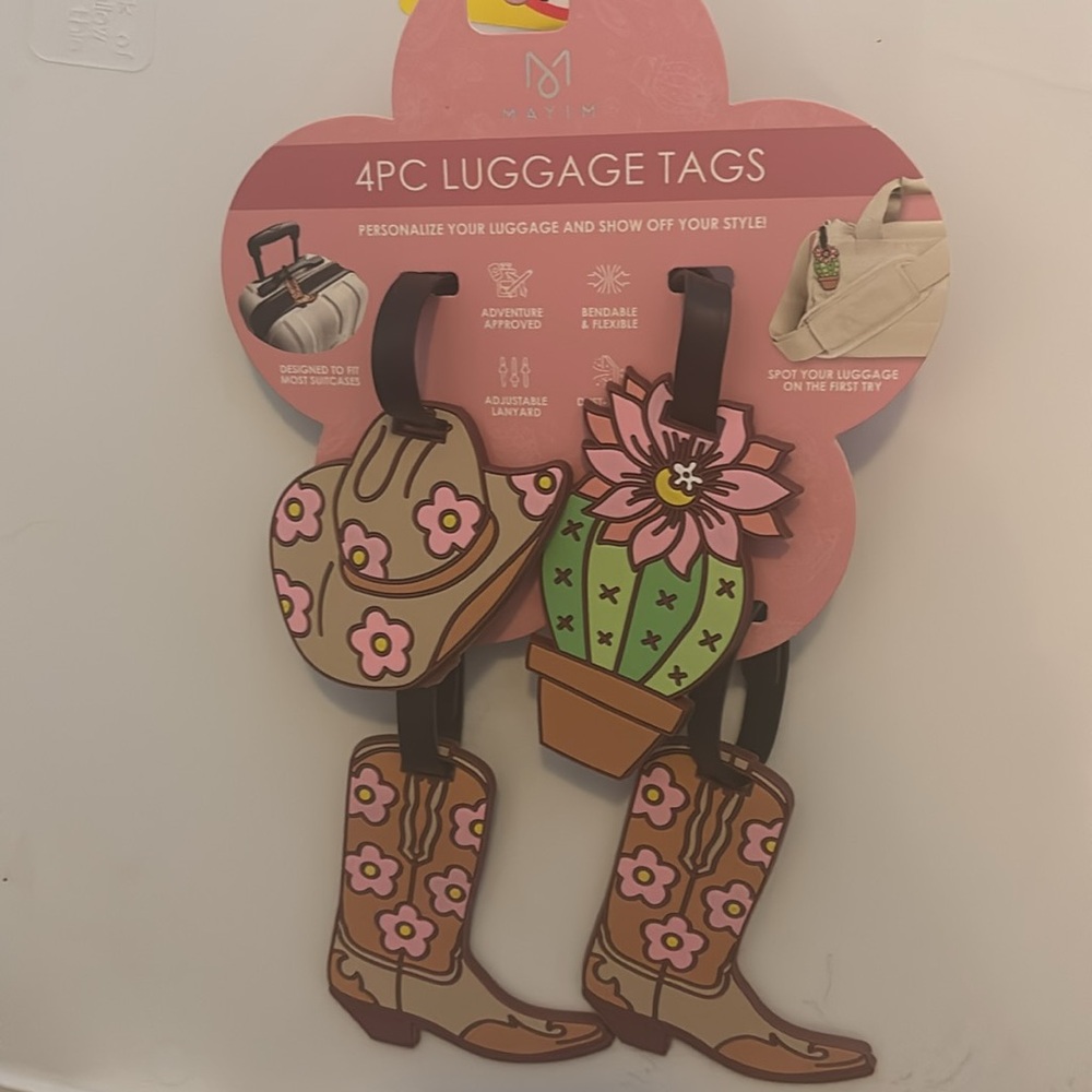 4 Piece Miami Western Luggage Tags - Pink and Tan- YEEHAW